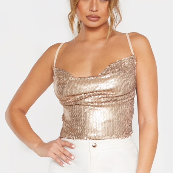 PrettyLittleThing Tops - Gold Sequin Tie Back Crop Top